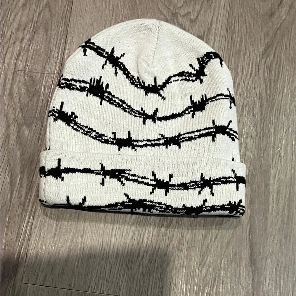 White Beanie with Black Barbed Wire Design